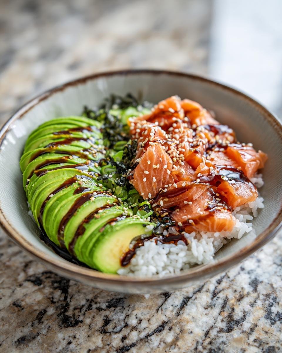 Close-up of a Lachs-Avocado-Bowl mit Sesam, featuring salmon, avocado, rice, and sesame seeds.
