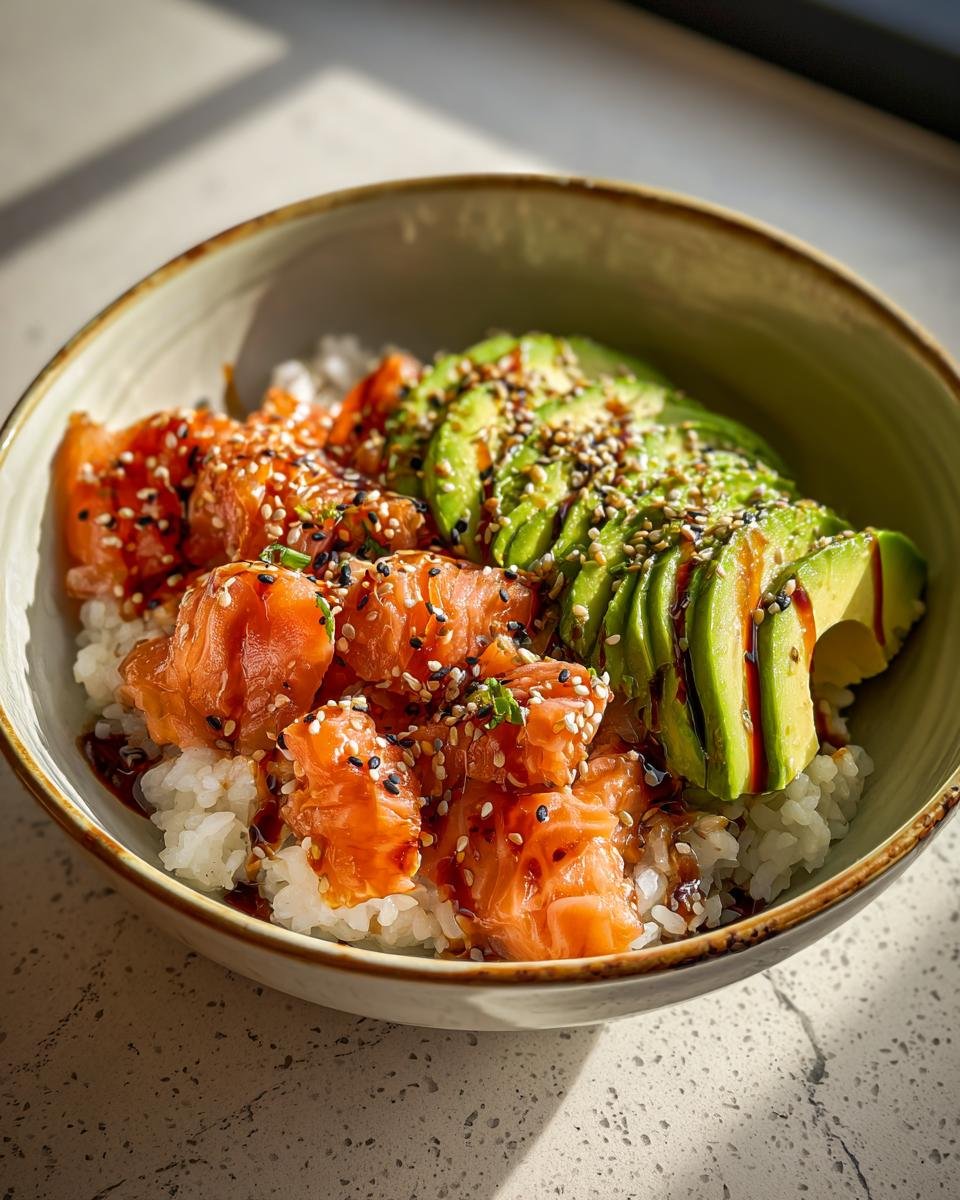 Close-up of a Lachs-Avocado-Bowl mit Sesam, featuring salmon, avocado, rice, and sesame seeds.