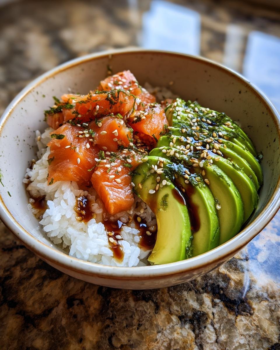 Close-up of a Lachs-Avocado-Bowl mit Sesam, featuring salmon, avocado, rice, and sesame seeds.