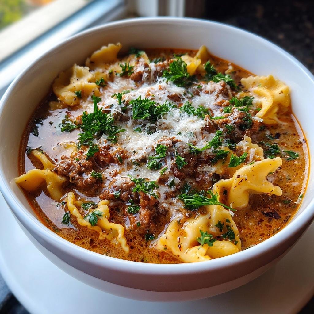 Bowl of Lasagnesuppe, a creamy and hearty German soup with pasta, meat, and herbs.