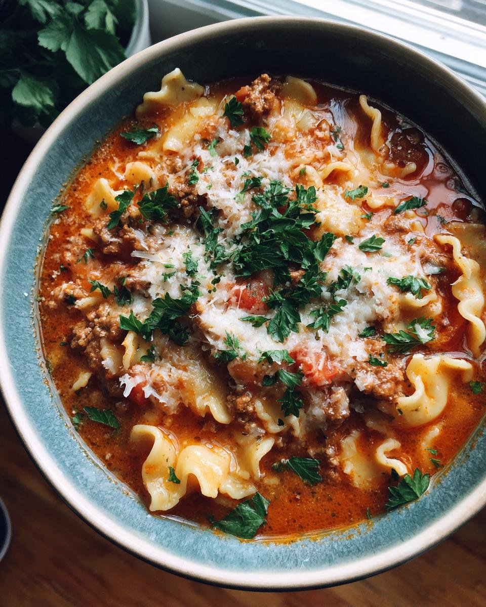 Nahaufnahme einer Schüssel Lasagnesuppe: Cremig, herzhaft mit Nudeln, Fleisch und Käse.