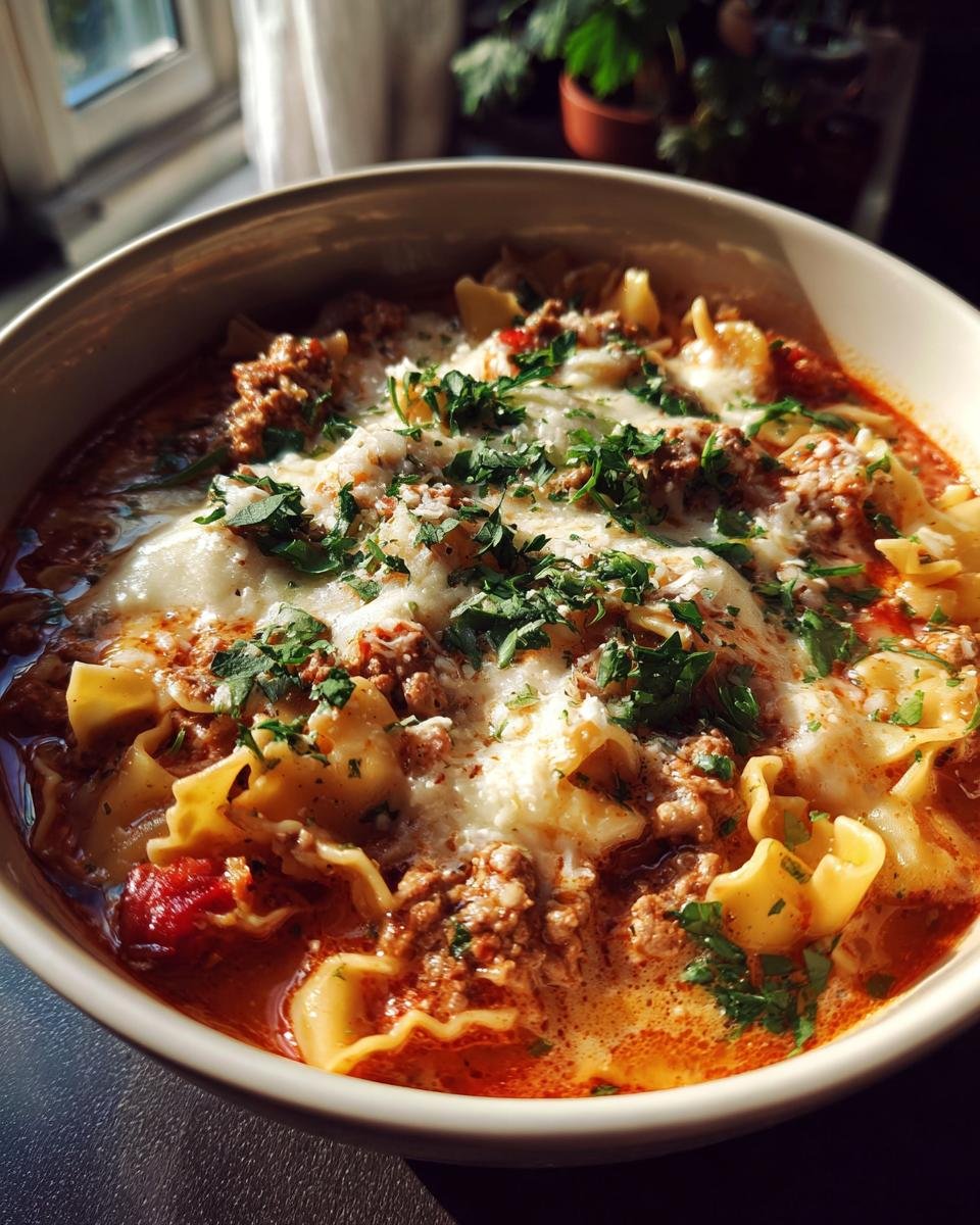 A bowl of Lasagnesuppe, a creamy German lasagna soup with pasta, meat, cheese, and herbs.