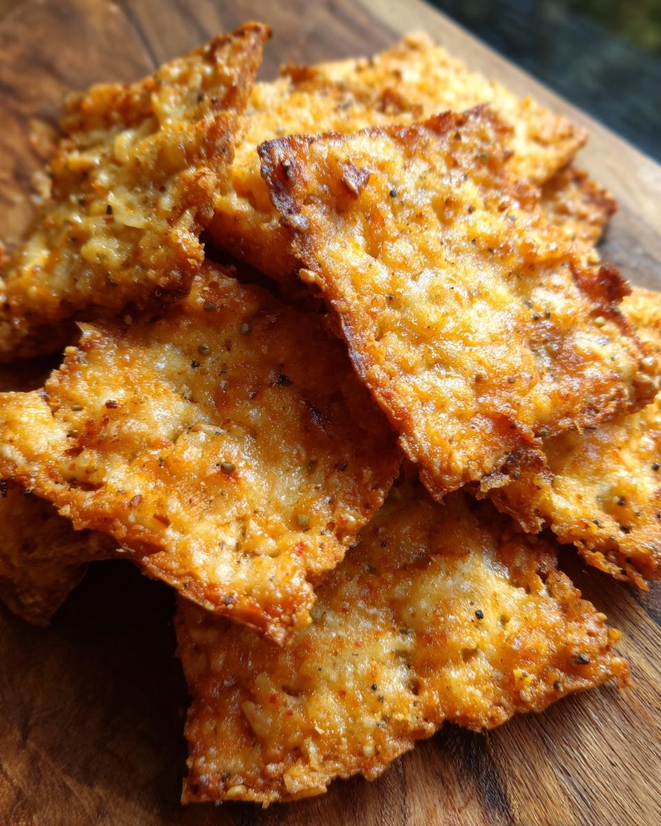 Nahaufnahme von knusprigen Leinsamen-Cracker mit Käse auf einem Holzbrett.