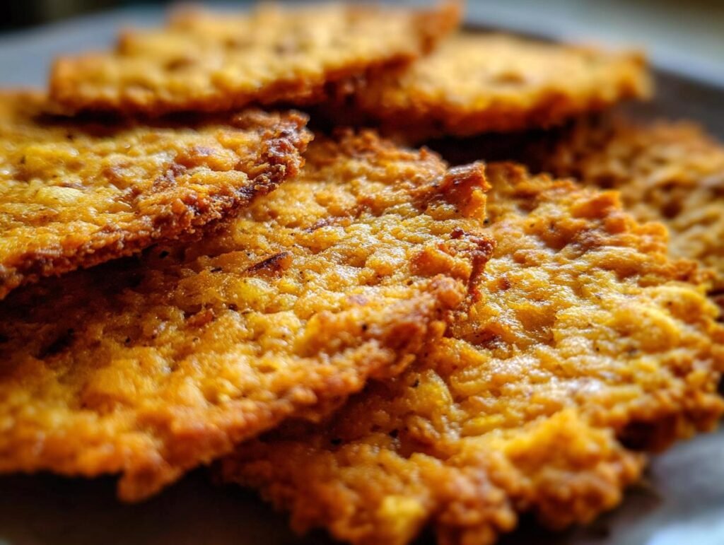 Nahaufnahme von knusprigen, goldenen Leinsamen-Cracker mit Käse.