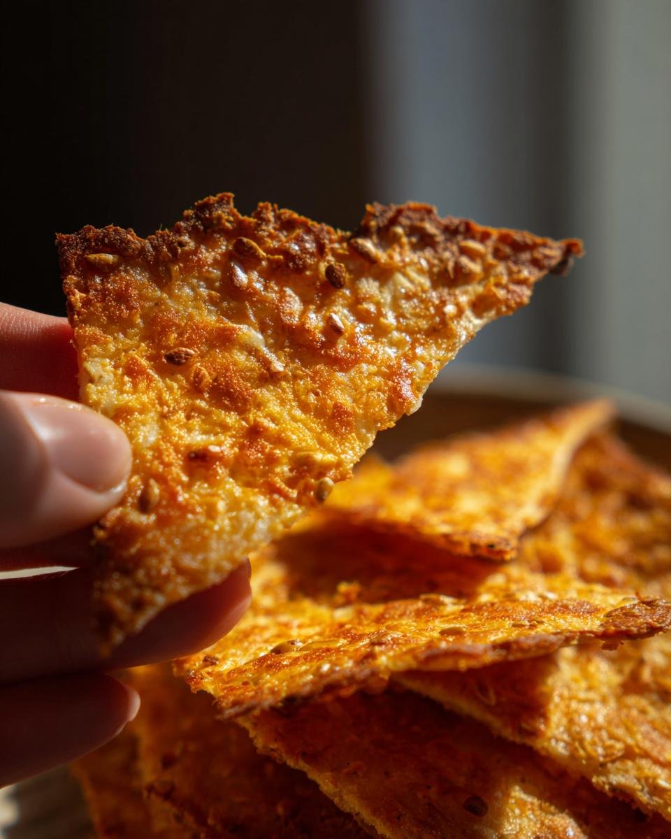 Nahaufnahme eines knusprigen Leinsamen-Cracker mit Käse, der in der Hand gehalten wird.