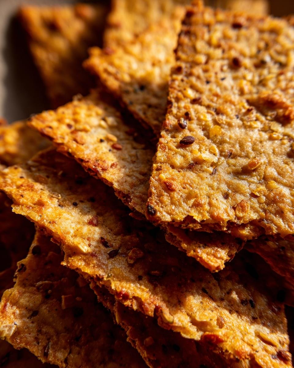 Close-up of golden, crispy Leinsamen-Cracker mit Käse, showcasing their texture and ingredients.