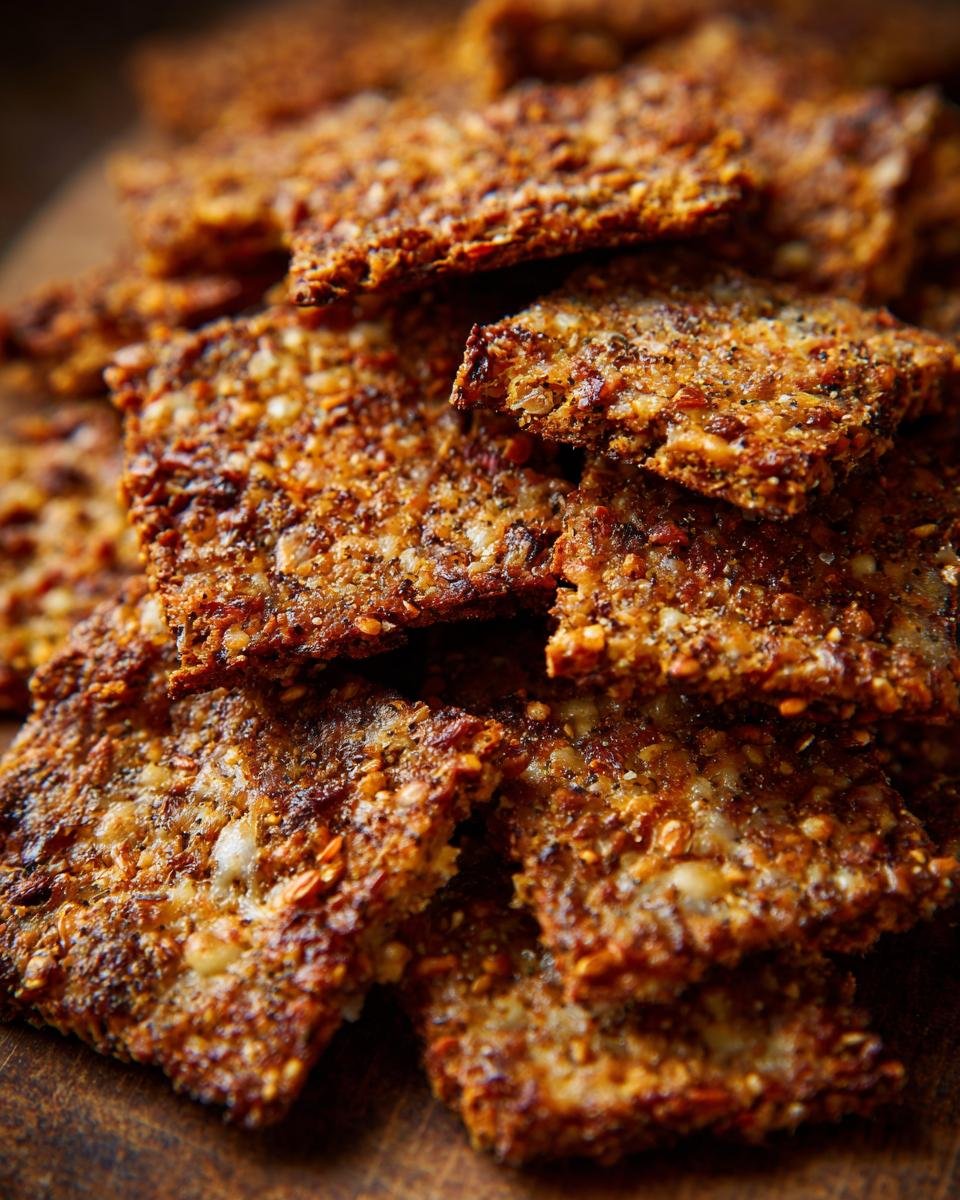 Pile of homemade Leinsamen-Cracker mit Käse, showing their crispy texture and golden-brown color.