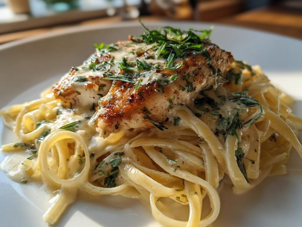 A plate of Linguine mit Seelachs & Kräuter-Sahne, featuring pasta, seelachs (pollock), and a creamy herb sauce.