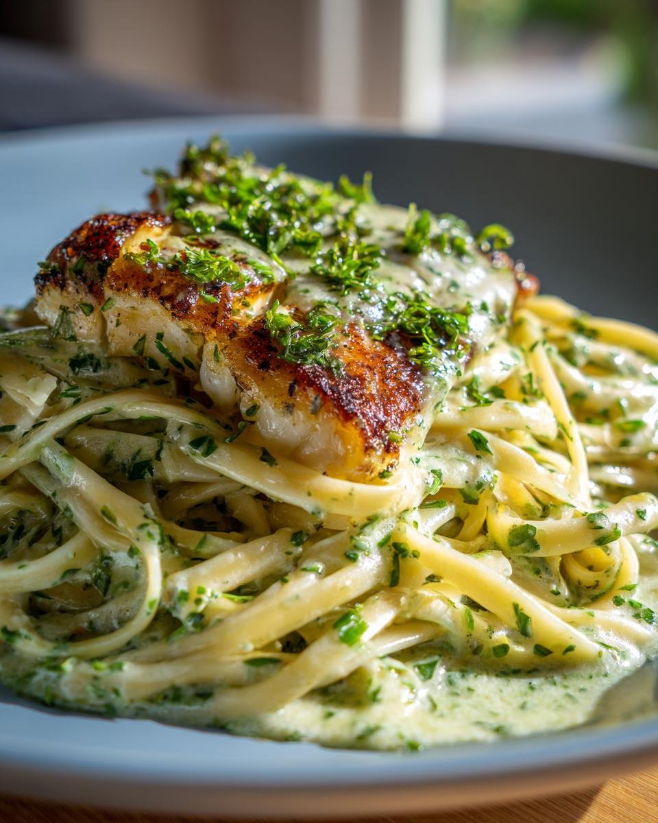 Close-up of Linguine mit Seelachs & Kräuter-Sahne, featuring perfectly cooked fish and creamy herb sauce.