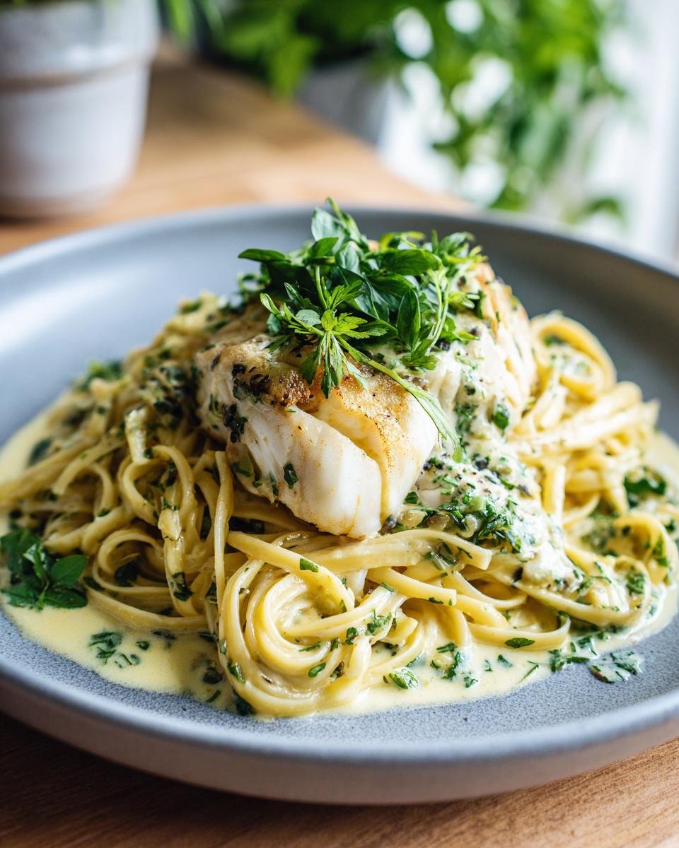 A delicious plate of Linguine mit Seelachs & Kräuter-Sahne, featuring perfectly cooked cod and creamy herb sauce.