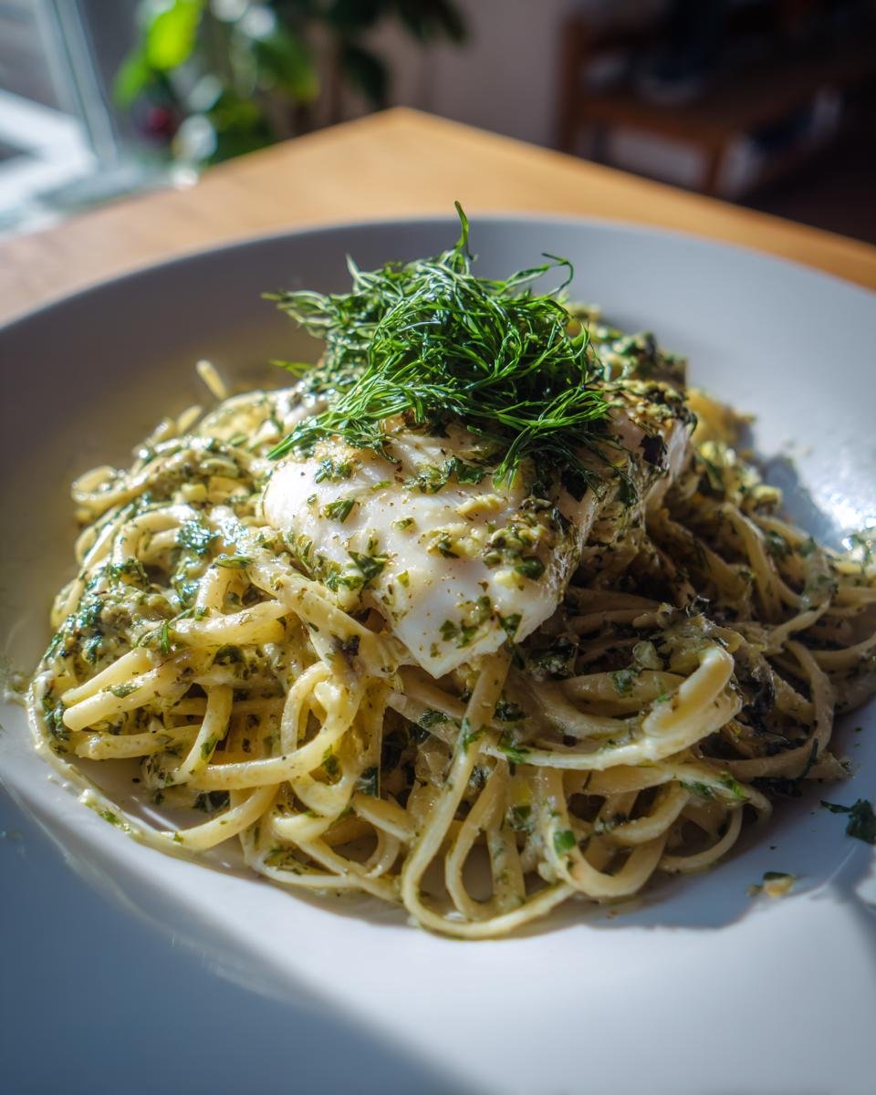 Delicious plate of Linguine mit Seelachs & Kräuter-Sahne, topped with fresh dill.