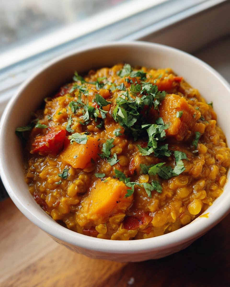 Nahaufnahme eines Schüssel Einfaches Linsen-Kokos-Curry mit Kürbis, garniert mit frischer Petersilie.