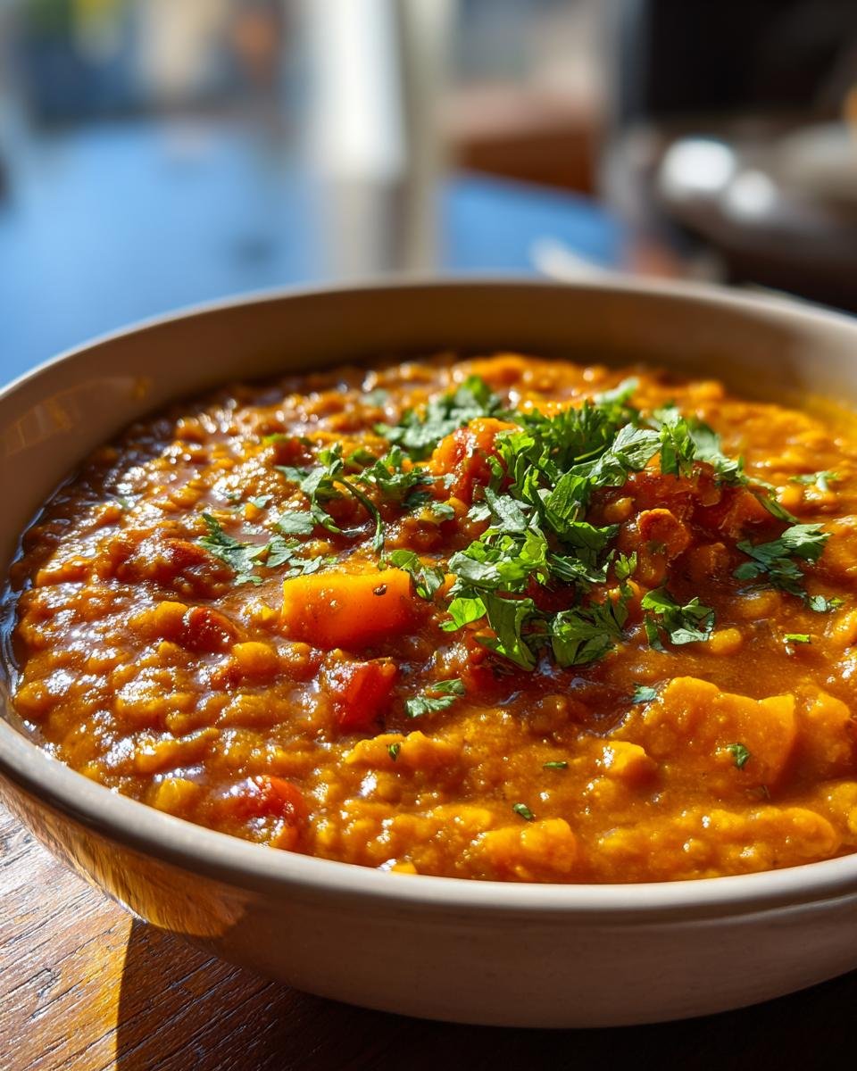 Nahaufnahme eines köstlichen Einfaches Linsen-Kokos-Curry mit Kürbis, garniert mit frischer Petersilie in einer Schüssel.
