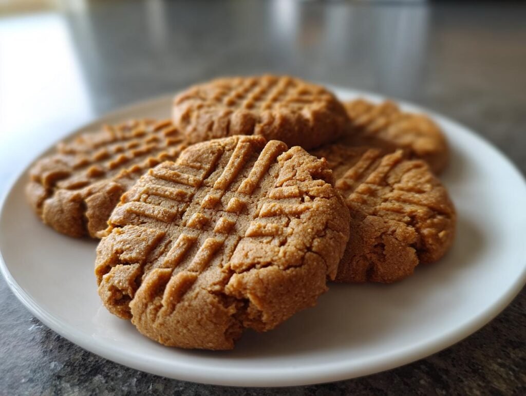 A plate of delicious Low Carb Erdnussbutterkekse (peanut butter cookies), perfect for a quick and sugar-free treat.