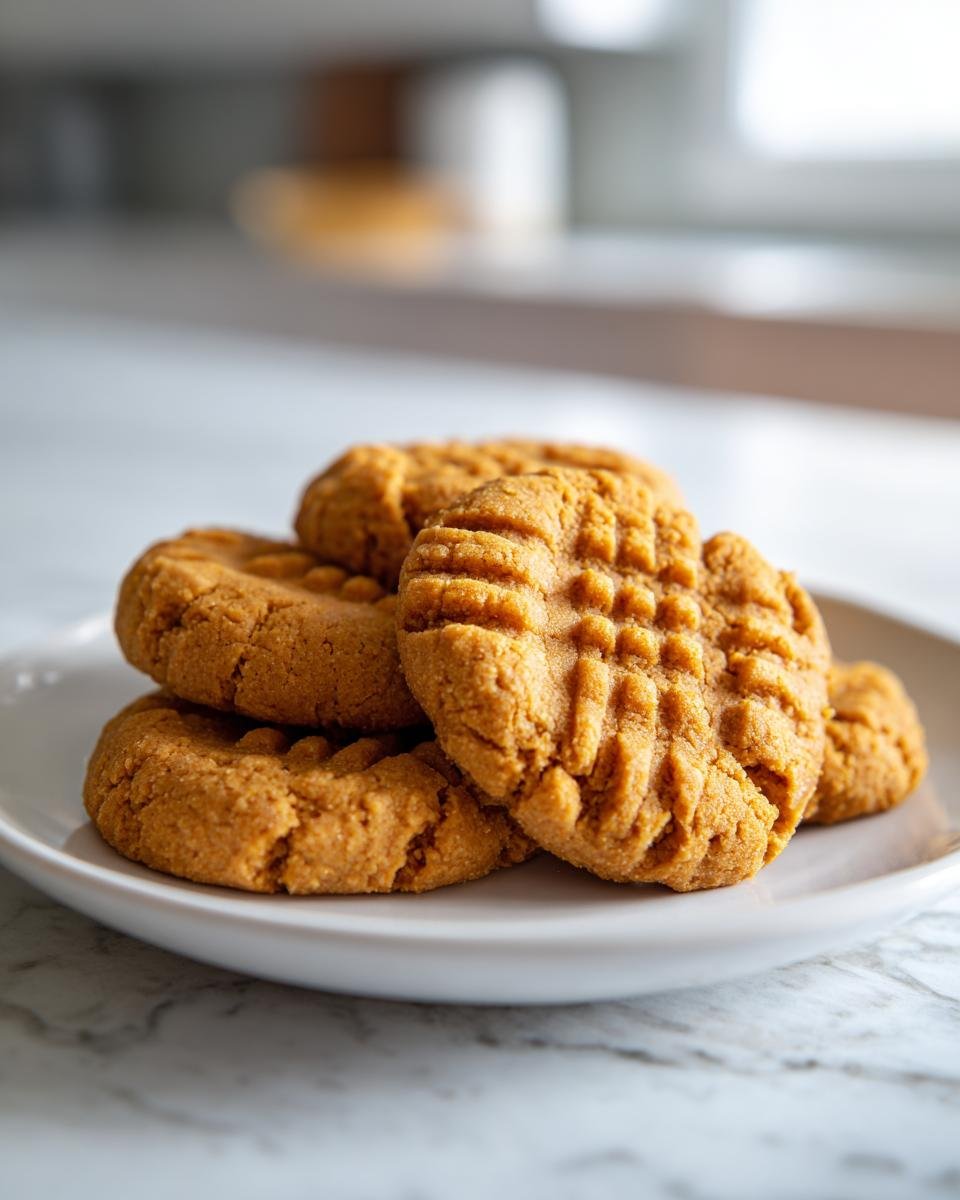 A stack of freshly baked Low Carb Erdnussbutterkekse (peanut butter cookies) on a white plate.