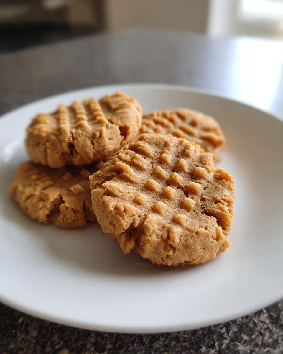 Four low carb Erdnussbutterkekse (peanut butter cookies) stacked on a white plate.