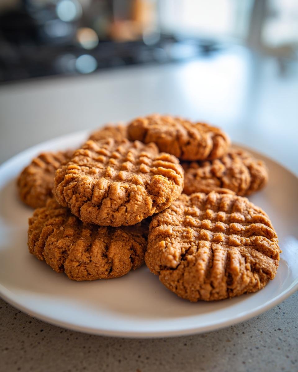 A plate of freshly baked Low Carb Erdnussbutterkekse (peanut butter cookies) with a textured pattern on top.