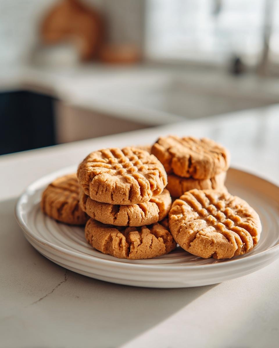 A stack of homemade Low Carb Erdnussbutterkekse (peanut butter cookies) on a white plate, ready to eat.