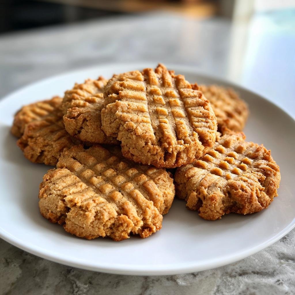 A stack of freshly baked Low Carb Erdnussbutterkekse (peanut butter cookies) on a white plate.