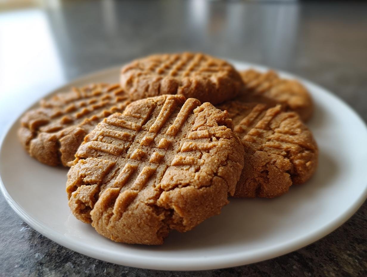 A plate of delicious Low Carb Erdnussbutterkekse (peanut butter cookies), perfect for a quick and sugar-free treat.