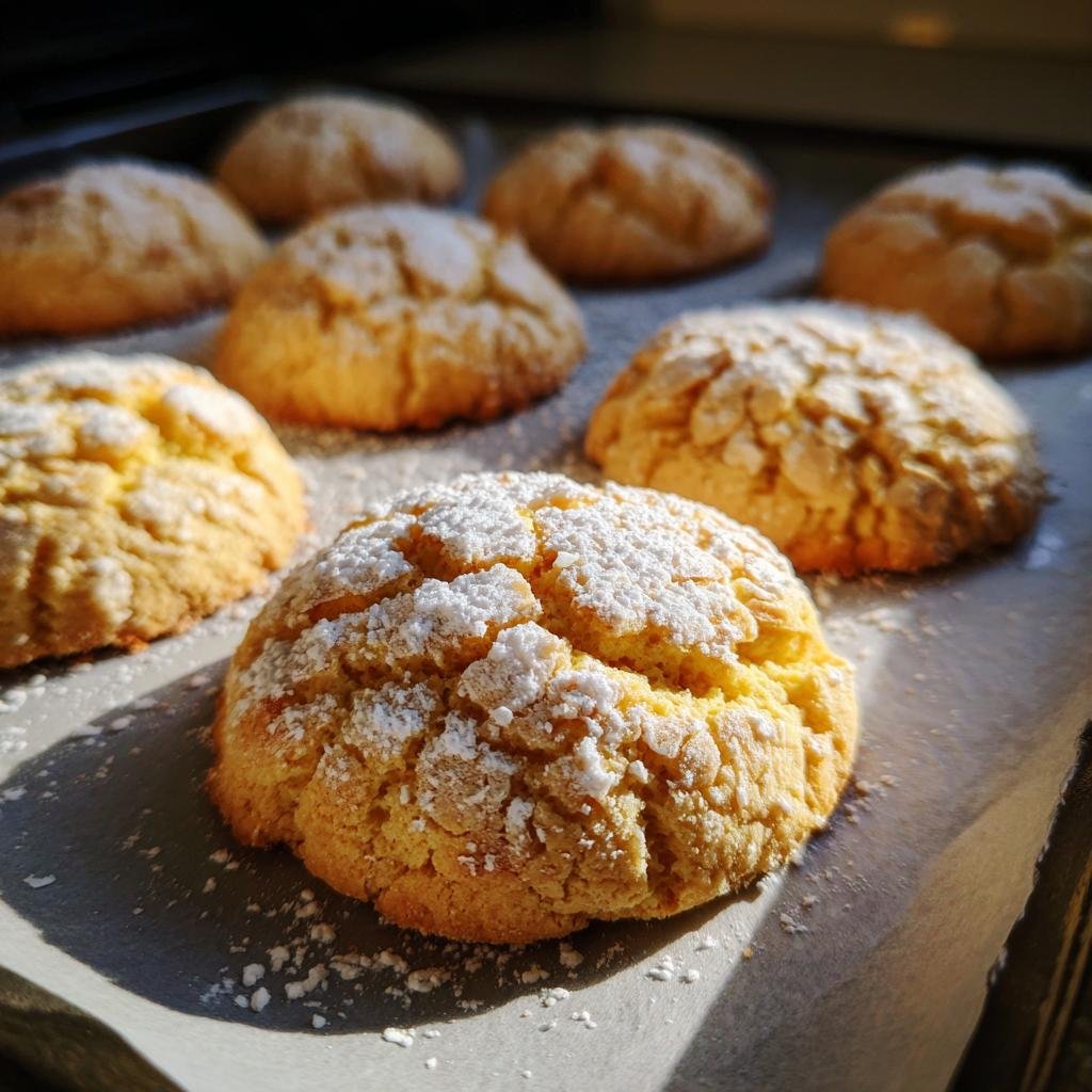 Close-up of Mandelkekse ohne Mehl, gluten-free almond cookies dusted with powdered sugar on a baking sheet.