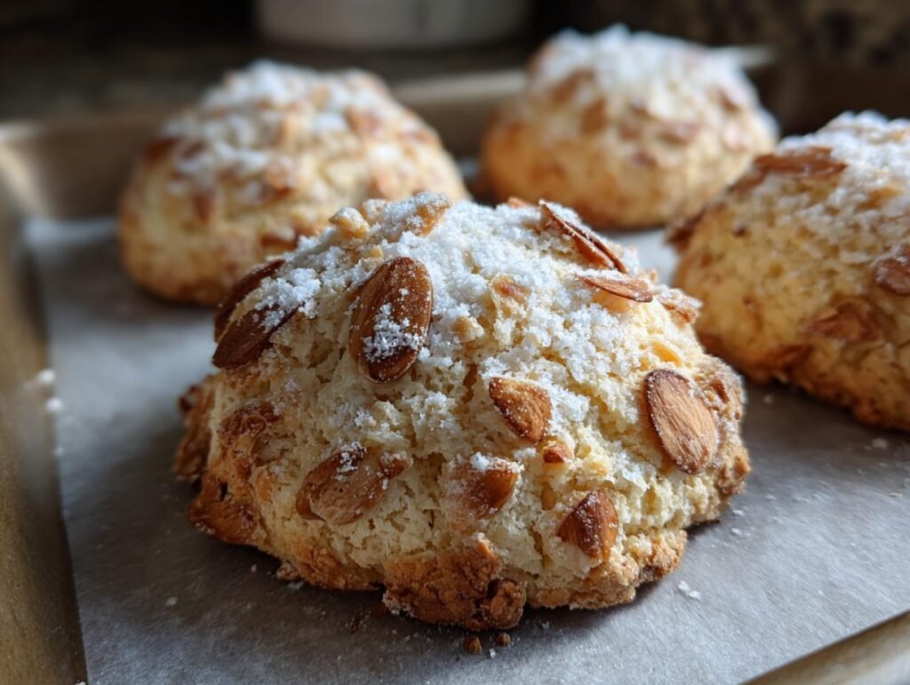 Close-up of Mandelkekse ohne Mehl, gluten-free almond cookies, sprinkled with almonds and powdered sugar.