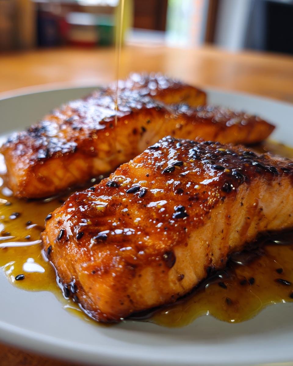 Close-up of Mango Teriyaki Lachs fillets with a shiny glaze and sesame seeds.