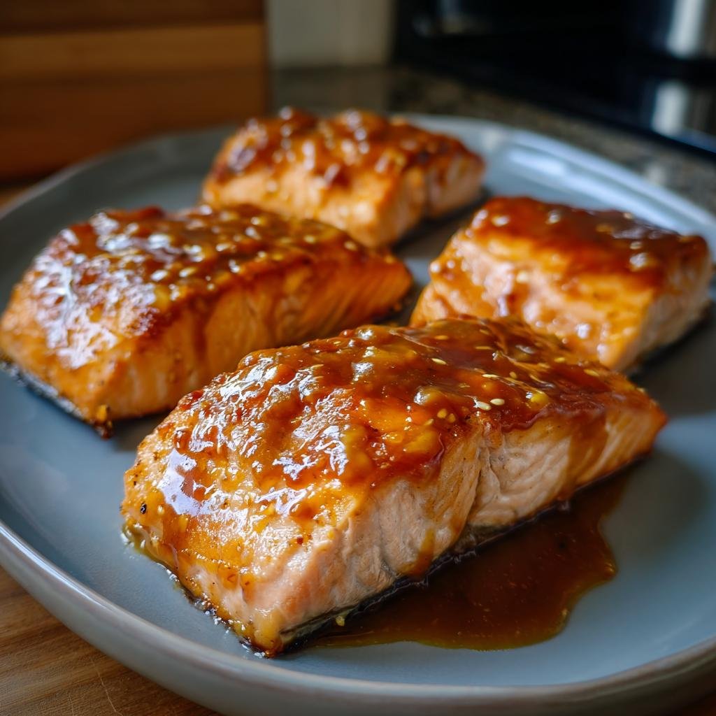 Four portions of Mango Teriyaki Lachs, glazed and sprinkled with sesame seeds, served on a plate.