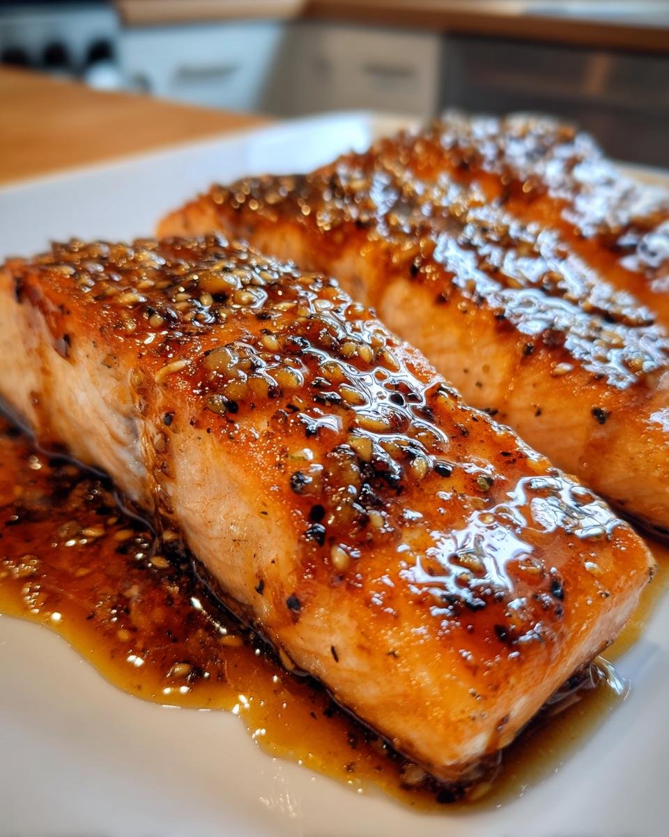 Two glazed salmon fillets with sesame seeds, showcasing Mango Teriyaki Lachs recipe.