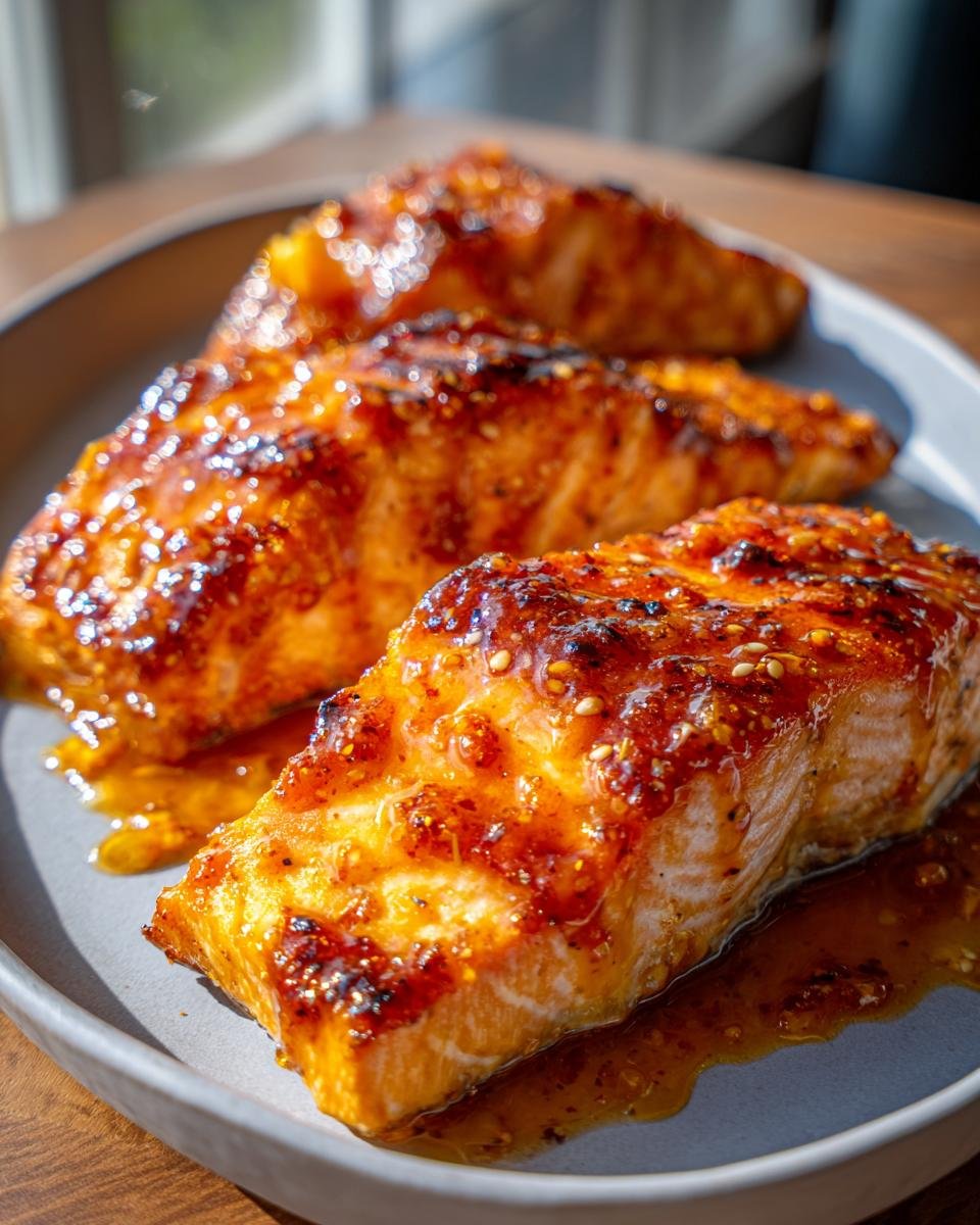 Three glazed salmon fillets with Mango Teriyaki Lachs sauce on a plate, ready to serve.