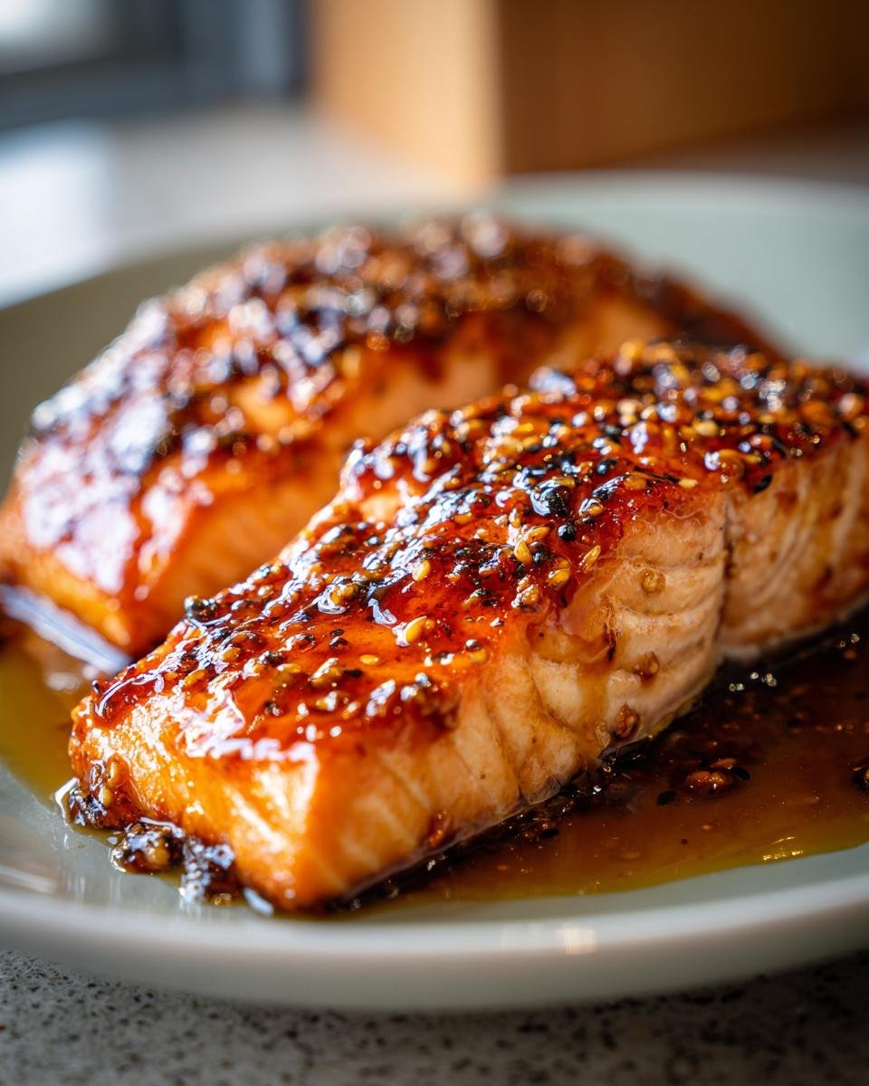 Two glazed salmon fillets with sesame seeds, showcasing Mango Teriyaki Lachs recipe.