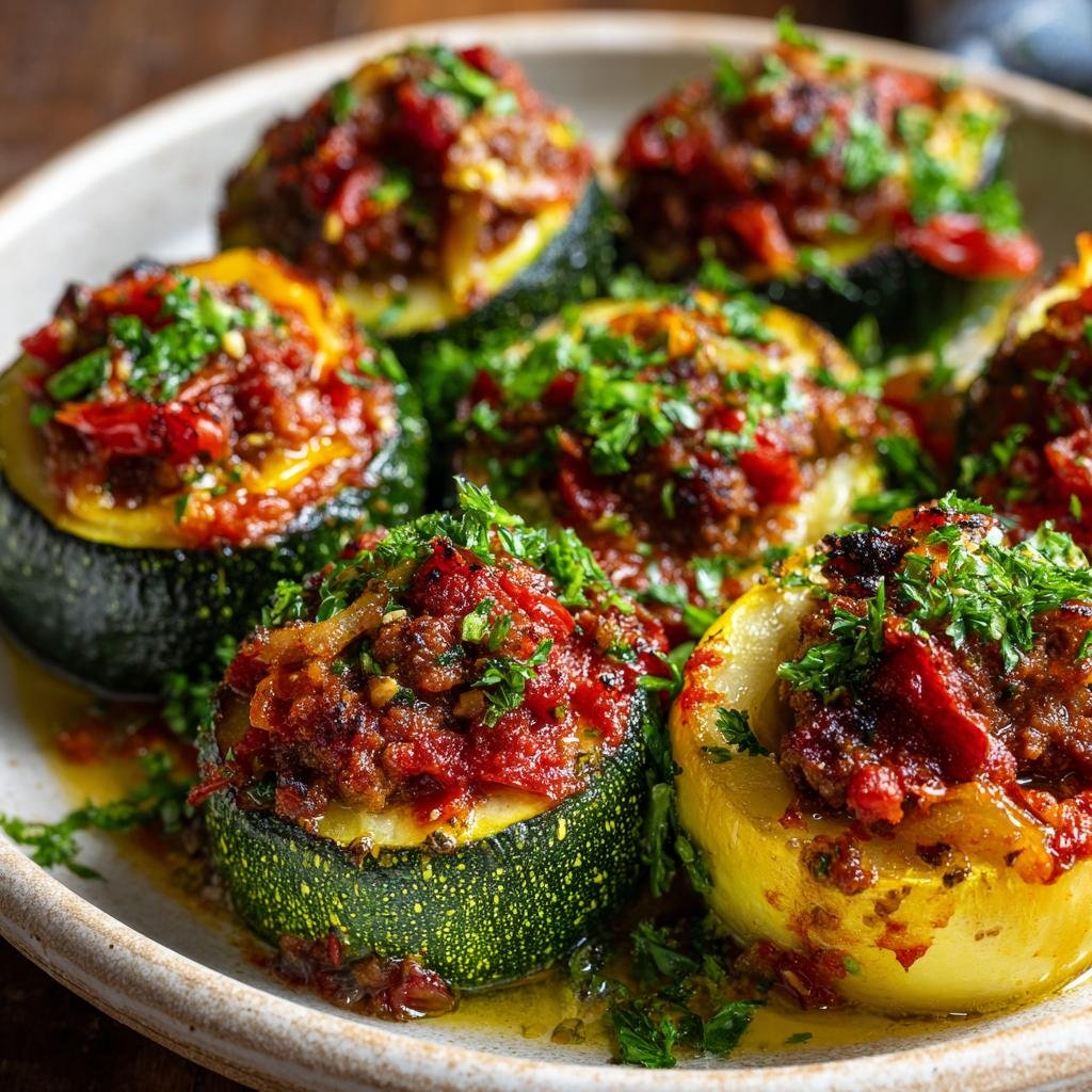 Close-up of Mediterran Gefüllte Zucchini on a plate, garnished with fresh herbs.