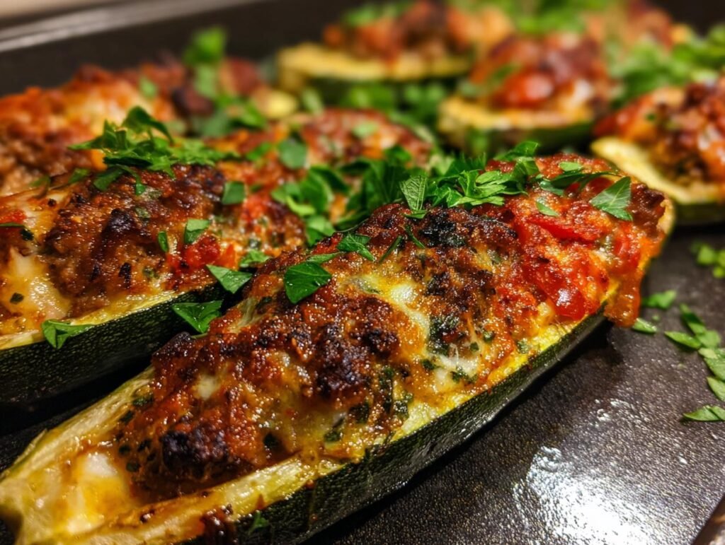 Close-up of Mediterran Gefüllte Zucchini topped with herbs, fresh out of the oven.