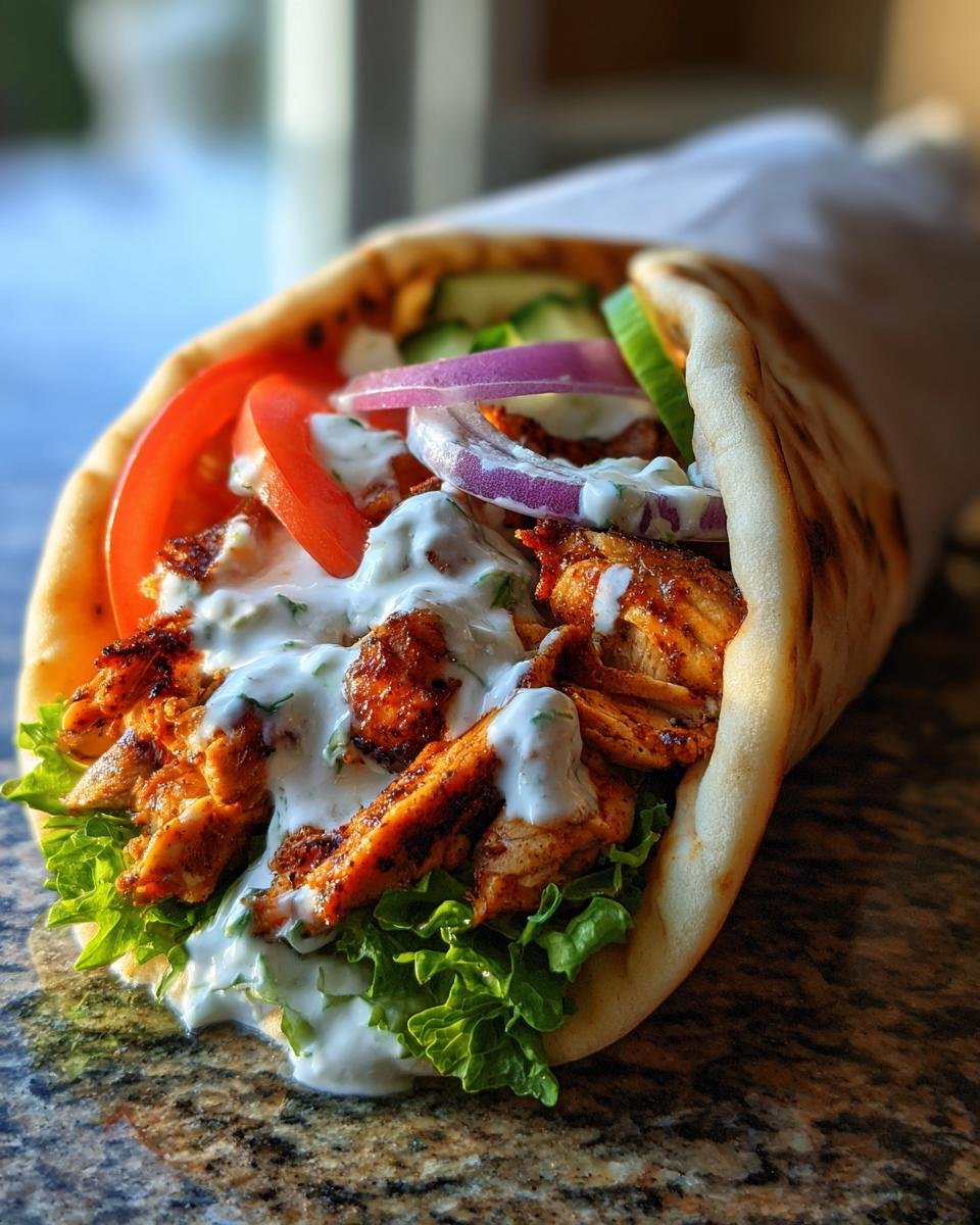 Close-up of Mediterrane Hähnchen-Gyros featuring chicken, tzatziki, tomato, onion, and lettuce in a pita.