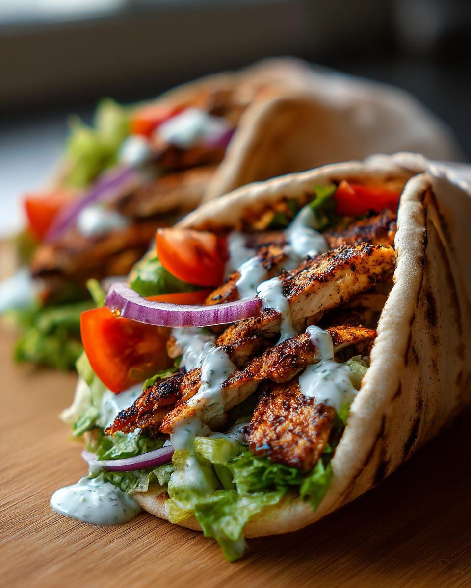 Zwei Mediterrane Hähnchen-Gyros gefüllt mit Hähnchen, Salat, Tomaten, Zwiebeln und Soße.