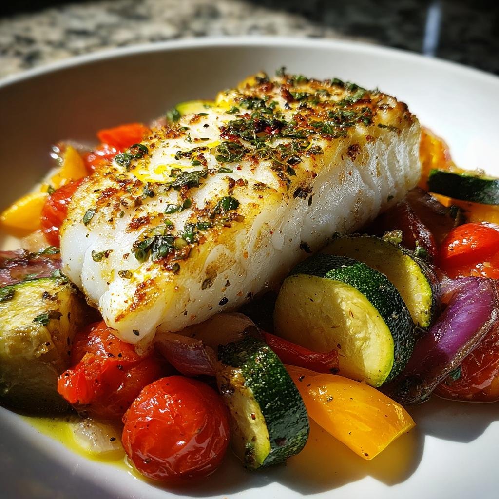 Mediterraner Gebackener Fisch served with roasted vegetables like zucchini, tomatoes, and peppers.