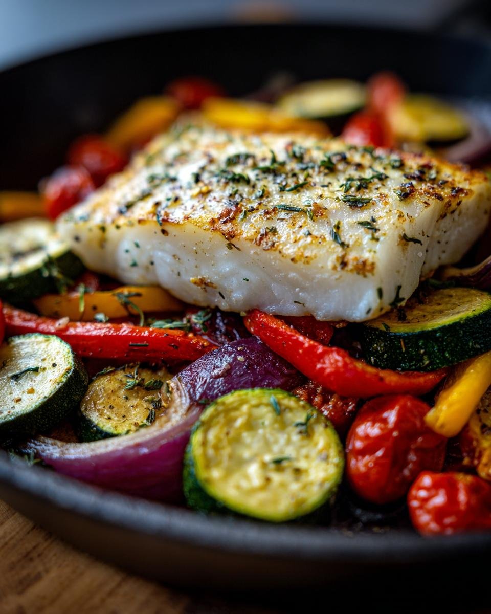 Mediterraner Gebackener Fisch, served with zucchini, peppers, onions, and tomatoes, seasoned with herbs.