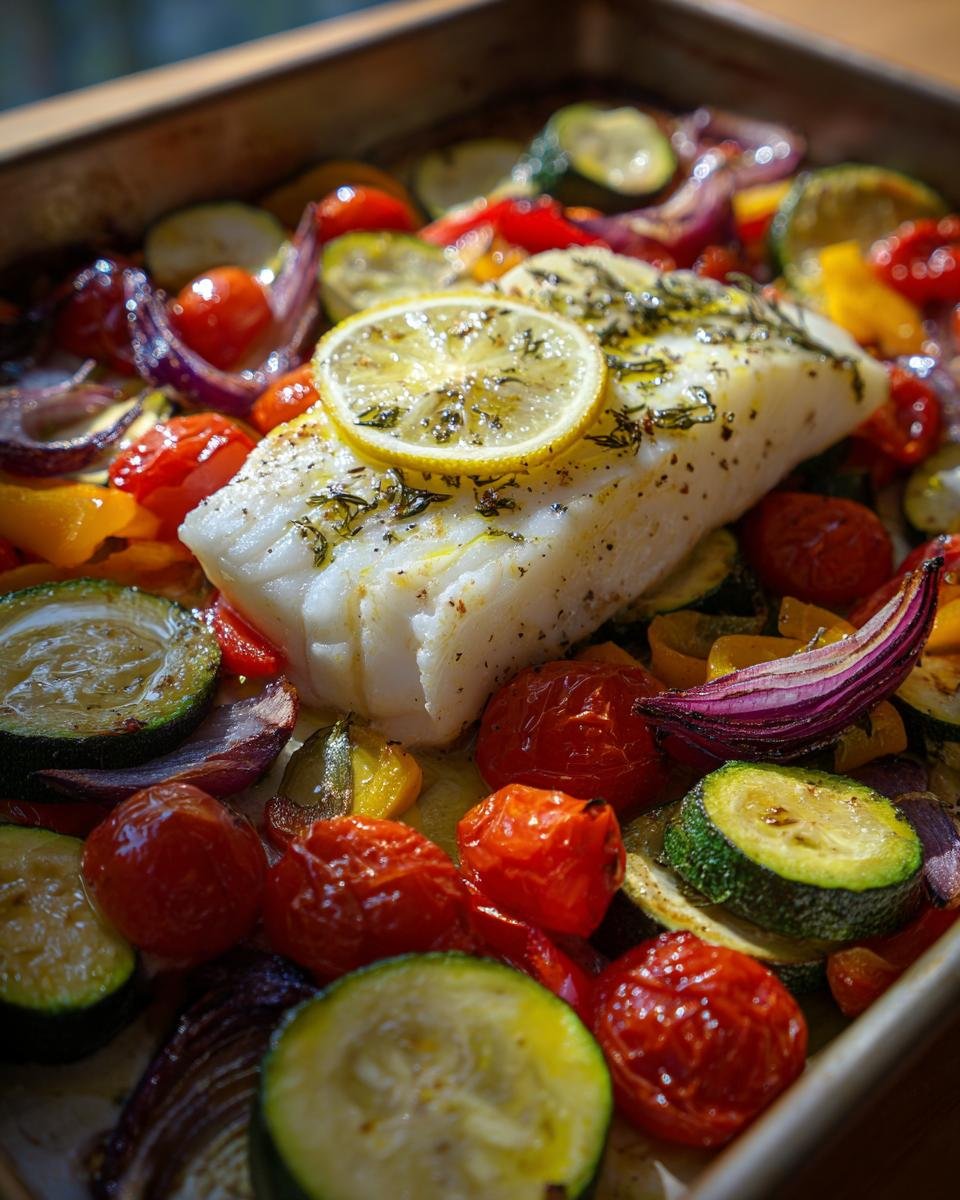 Mediterraner Gebackener Fisch on a baking sheet with cherry tomatoes, zucchini, red onion, and a lemon slice.