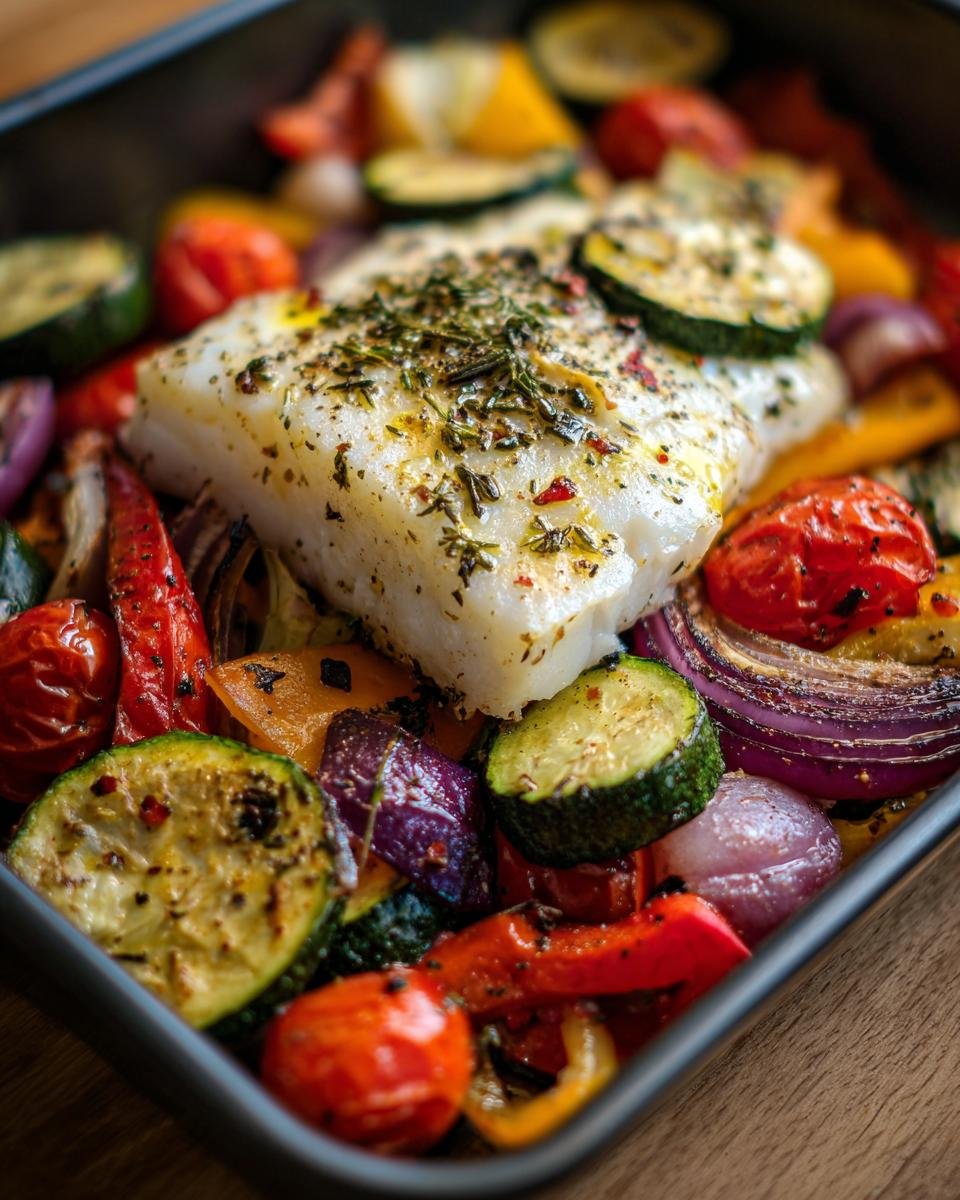 Mediterraner Gebackener Fisch: Baked fish with zucchini, tomatoes, onions, and peppers.