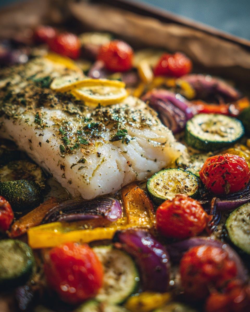 Close-up of Mediterraner Gebackener Fisch baked with zucchini, tomatoes, onions, and peppers.