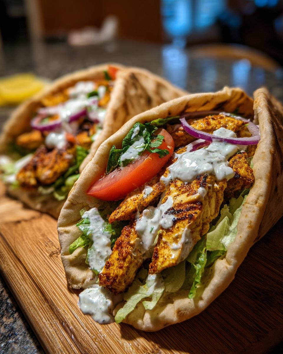 Close-up of Mediterranes Hähnchen-Gyros in pita bread with lettuce, tomato, onion, and sauce.