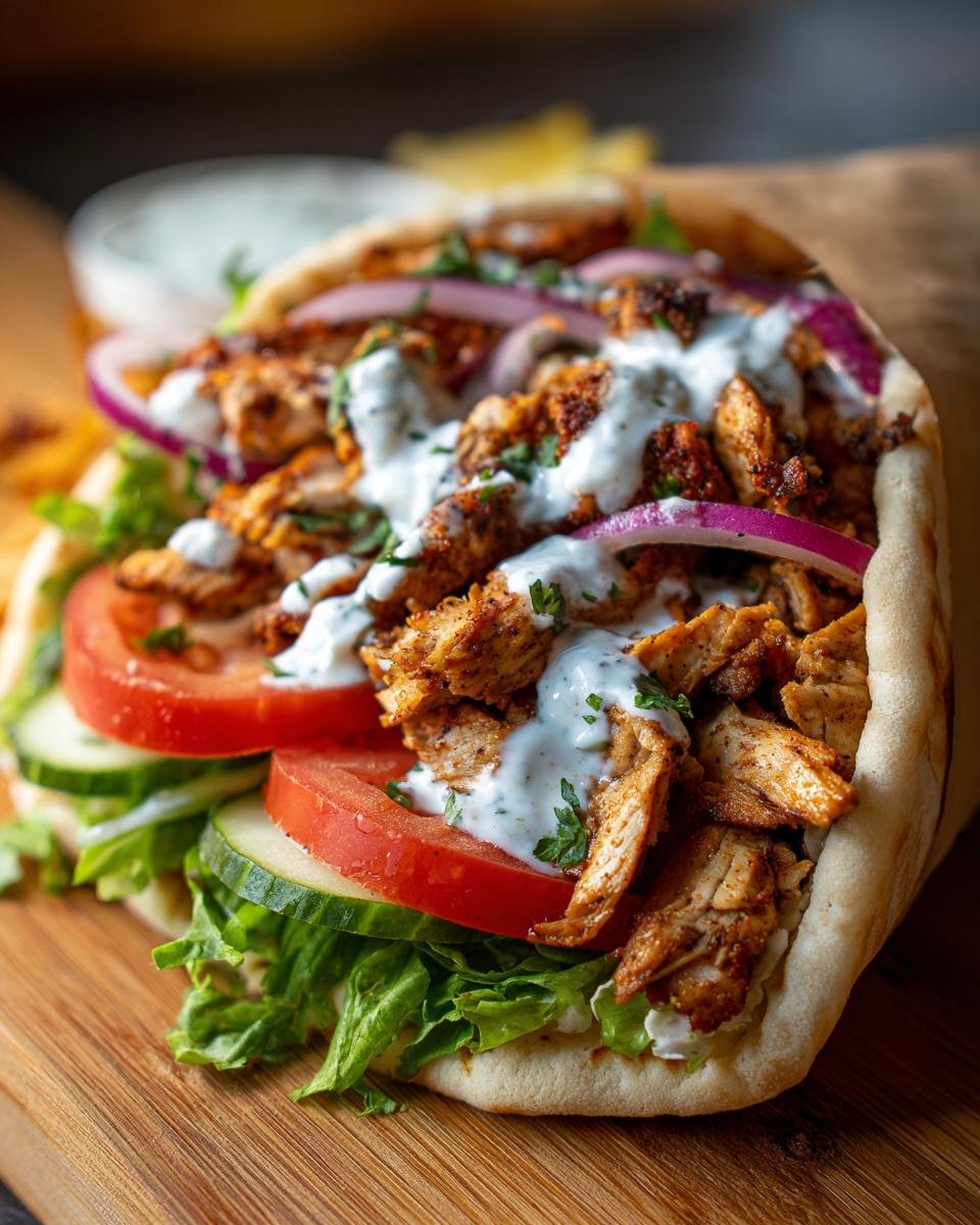 Close-up of Mediterranes Hähnchen-Gyros with chicken, vegetables, and sauce in a pita.