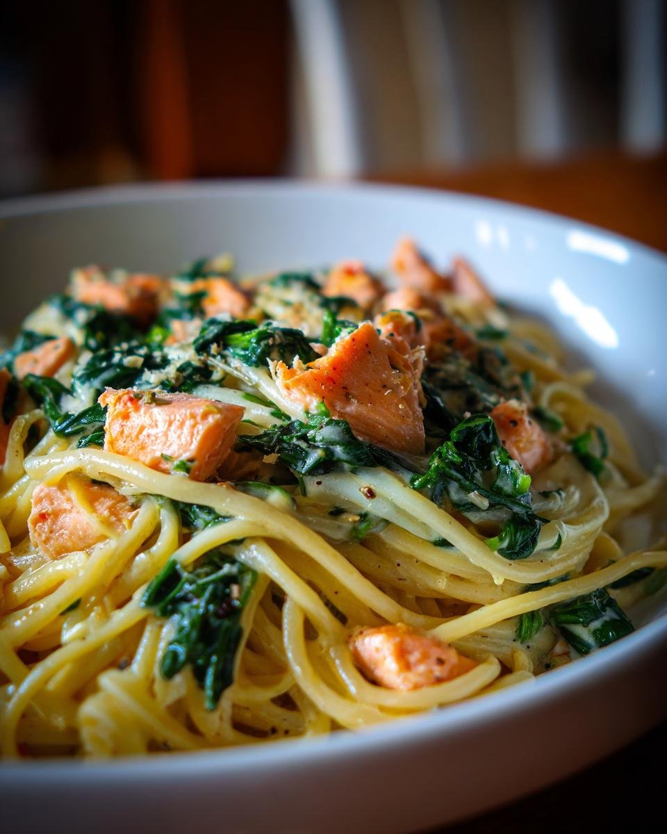 Close-up of Nudeln mit Lachs und Spinat in cremiger Sahnesoße, a delicious pasta dish with salmon and spinach.