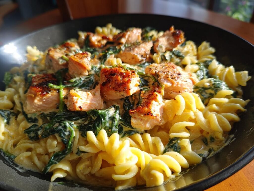 Close-up of Nudeln mit Lachs und Spinat in cremiger Sahnesoße, featuring pasta, salmon, and spinach in a creamy sauce.