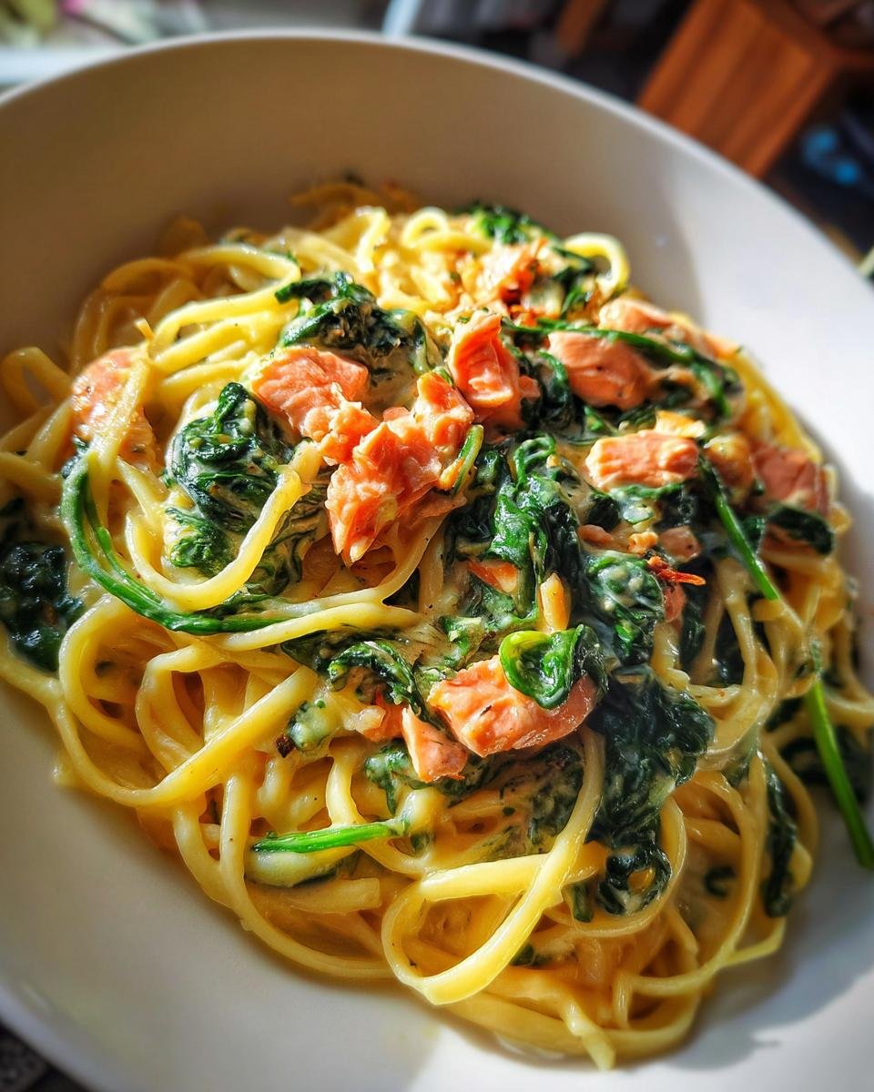 Close-up of Nudeln mit Lachs und Spinat in cremiger Sahnesoße, a delicious pasta dish.