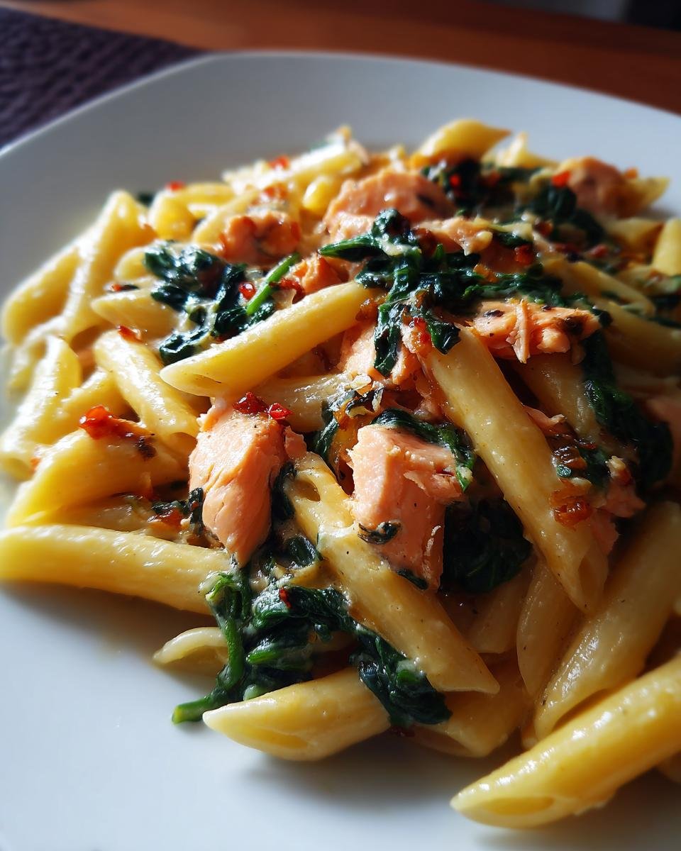 Close-up of Nudeln mit Lachs und Spinat in cremiger Sahnesoße, a delicious pasta dish with salmon and spinach.