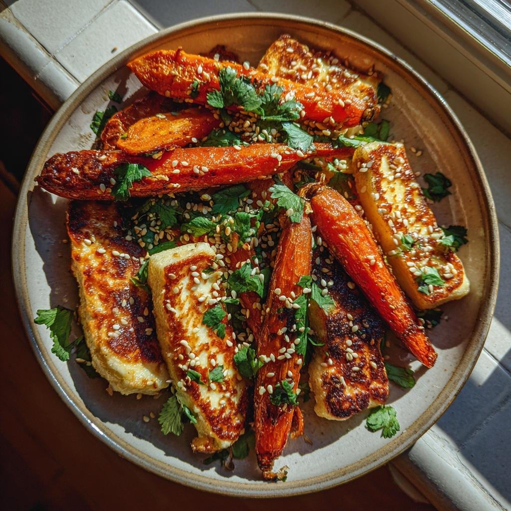 Ofengeröstete Karotten mit Halloumi und Sesam, garnished with fresh parsley, served on a plate.