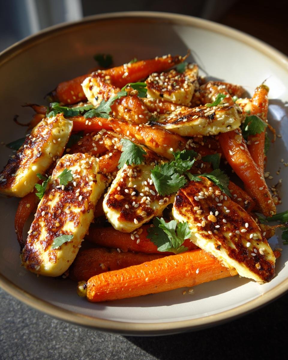 Ofengeröstete Karotten mit Halloumi und Sesam, garnished with fresh cilantro, served in a bowl.