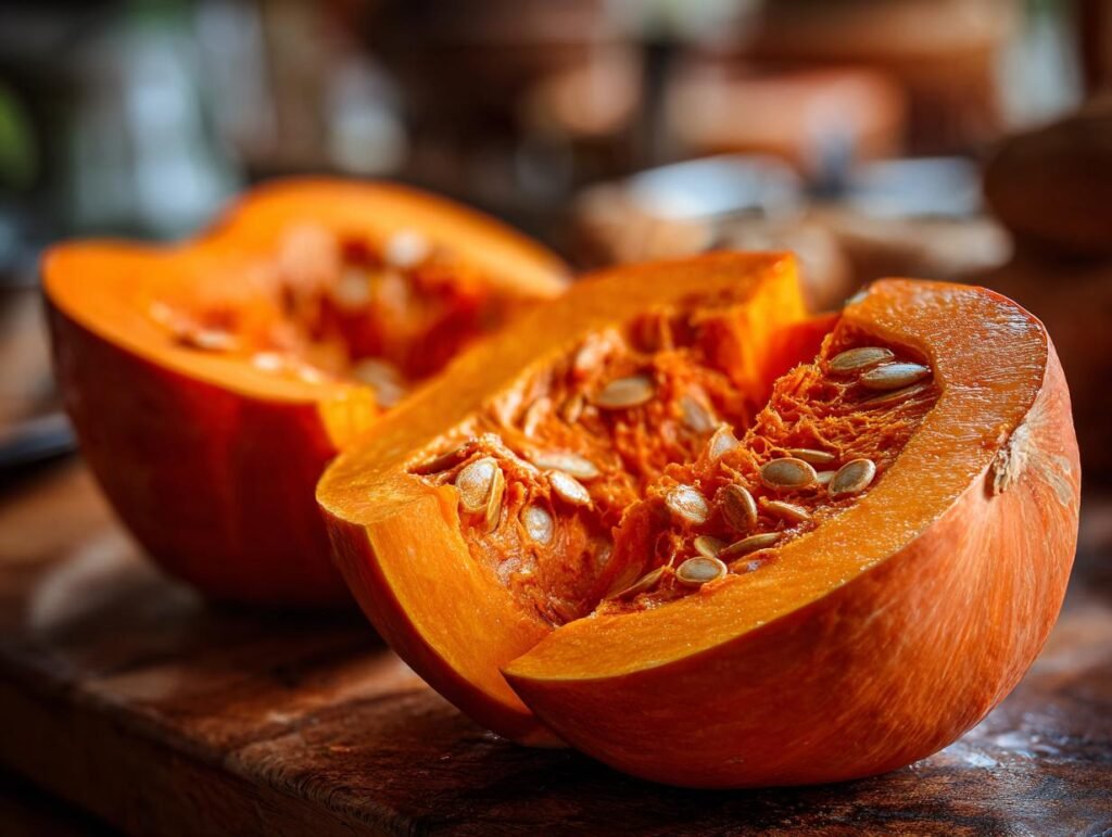 Close-up of halved Ofenkürbis mit Kichererbsen, showcasing the seeds and vibrant orange flesh.