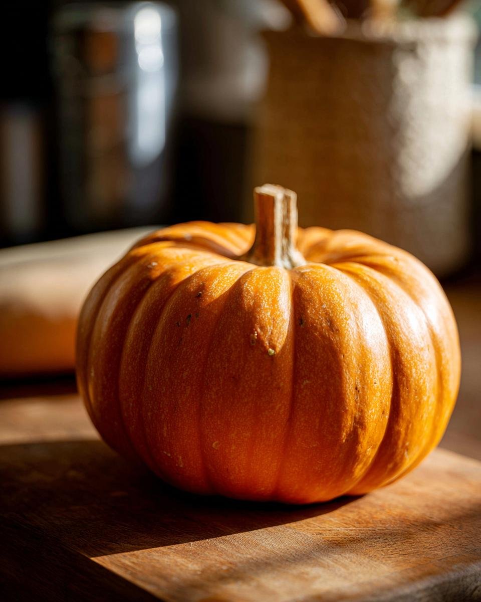 A whole pumpkin, ingredient for Ofenkürbis mit Kichererbsen: Cremiges Tahini-Dressing recipe.